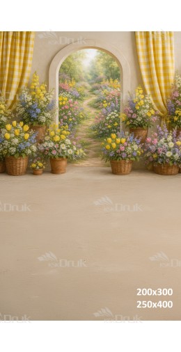 Tło fotograficzne z pastelową kwiatową alejką i żółtymi akcentami | E600